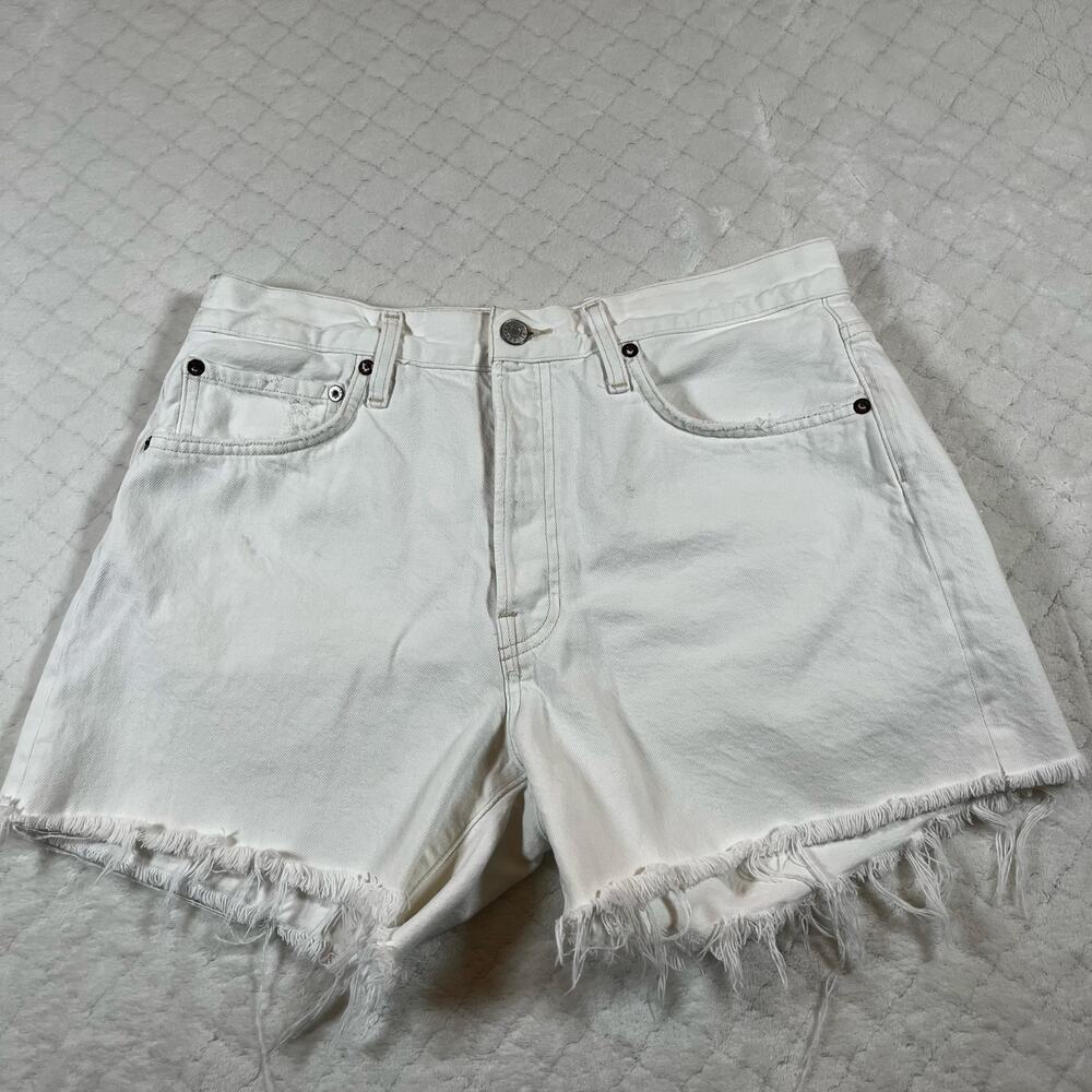 Agolde White High-Rise Frayed Hem Denim Shorts